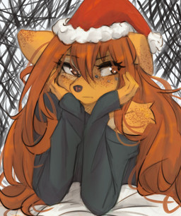 anthro biped clothed clothed_anthro clothed_female clothing female fingers front_view fur hair hat headgear headwear holidays looking_aside piercing solo tinygaypirate christmas apogee_(tinygaypirate) canid canine canis domestic_dog mammal 2025 digital_drawing_(artwork) digital_media_(artwork) hi_res