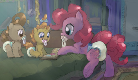 adult_baby ageplay bed bedroom bodily_fluids book carpet clothing cutie_mark diaper diaper_fetish feces female feral fraternal_twins furniture genital_fluids group hooves infantilism male neonate pacifier raised_leg roleplay unclean_diaper underhoof urine used_diaper wet_diaper wetting young young_feral asdfasfasda friendship_is_magic hasbro my_little_pony pinkie_pie_(mlp) pound_cake_(mlp) pumpkin_cake_(mlp) equid equine horse mammal pony hi_res brother_(lore) brother_and_sister_(lore) sibling_(lore) sister_(lore) twins_(lore)
