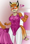 ?! absurd_res alex_(buffbumblebee) anthro ballerina ballet balls_outline blush breasts buffbumblebee bulge canid canine caught clothed clothing collar detailed_bulge embarrassed fake_breasts fox genital_outline gynomorph hi_res intersex leotard mammal penis_outline solo tight_clothing
