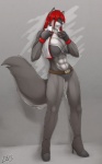 abs anthro belt biceps big_breasts biped black_nose blue_eyes bra breasts clothed clothing eye_through_hair female fingerless_gloves footwear fur gloves grey_background grey_body grey_fur hair hair_over_eye handwear high_heels jacket long_hair looking_at_viewer multicolored_body multicolored_fur muscular muscular_anthro muscular_female naughty_face one_eye_obstructed open_clothing open_shirt open_topwear panties pose red_body red_hair red_skin shirt shoes simple_background smile solo standing topwear translucent translucent_hair two_tone_body two_tone_fur underwear obaum luka_cross canid canine canis mammal wolf hi_res