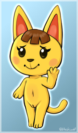 anthro black_sclera blue_background blush brown_hair clasped_hands eyelashes female female_anthro fur genitals gradient_background hair loli navel nude pointy_ears prick_ears simple_background solo vulva yellow_body yellow_fur young young_anthro young_female heshieokf animal_crossing nintendo katie_(animal_crossing) domestic_cat felid feline felis mammal digital_drawing_(artwork) digital_media_(artwork) hi_res