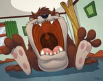 3_toes anthro brown_body brown_fur fangs featureless_crotch feet fingers fur half-closed_eyes leaning leaning_backward male mouth_shot narrowed_eyes nude open_mouth paws sitting solo teeth throat toes tongue uvula teaselbone looney_tunes taz-mania warner_brothers tasmanian_devil_(looney_tunes) dasyurid dasyuromorph mammal marsupial tasmanian_devil digital_media_(artwork)