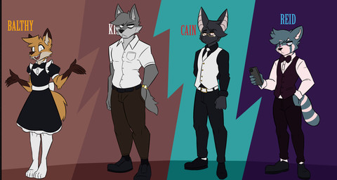 5_fingers :< accessory angry anthro arm_tuft belt belt_buckle big_tail black_body black_bottomwear black_bow_tie black_clothing black_footwear black_fur black_pants black_shirt black_shoes black_topwear blue_body blue_eyes blue_fur bored bottomwear bow_ribbon bow_tie brown_body brown_bottomwear brown_clothing brown_ear_tips brown_fur brown_nose brown_pants buckle button_(fastener) cellphone cheek_tuft clock clothing collared_shirt curious digitigrade dipstick_ears ear_markings ears_up elbow_tuft electronics eyebrow_through_hair eyebrows eyewear facial_tuft fangs fingers fist footwear fur gesture glasses gloves_(marking) gold_glasses gold_watch grey_body grey_inner_ear group hair hand_in_pocket hand_on_hip happy head_tuft holding_object humanoid_hands inner_ear_fluff legwear looking_at_object looking_at_phone looking_at_viewer maid_uniform male markings multicolored_body multicolored_ears multicolored_fur necktie obscured_text open_mouth orange_body orange_fur pants phone pink_eyes pink_inner_ear pink_sclera plantigrade pockets purple_bow_tie raised_eyebrow red_eyes shirt shirt_pocket shoes shrug simple_background smartphone socks standing striped_body striped_fur striped_markings striped_tail stripes suit tail tail_down tail_markings tail_tuft teeth text thigh_highs topwear translucent translucent_hair tuft two_tone_body two_tone_fur uniform watch white_body white_clothing white_eyes white_footwear white_fur white_necktie white_shirt white_socks white_suit white_topwear wristwatch suitedwolfie balthy_(suitedwolfie) cain_(suitedwolfie) k_(suitedwolfie) reid_(suitedwolfie) ailurid bat canid canine canis fox mammal northwestern_wolf red_fox red_panda true_fox wingless_bat wolf 2025 character_name digital_drawing_(artwork) digital_media_(artwork) english_text hi_res model_sheet