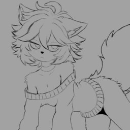 all_fours anthro big_tail breasts clothing ears_up female fur hair looking_at_viewer mostly_nude solo sweater tail topwear roli_poli 1:1 low_res monochrome sketch