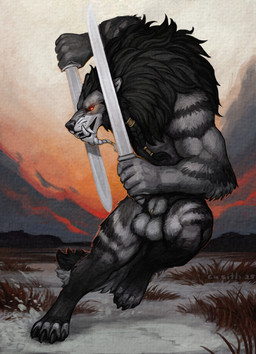 anthro autumn balls blade bottomwear clothing field fur genitals glowing glowing_eyes grey_body grey_fur grin male muscular pigtails red_eyes smile snow solo sunset teeth weapon winter cu_sith_(artist) mythology mjodvitnir canid canine canis mammal mythological_canine mythological_creature werecanid werecanine werecreature werewolf wolf hi_res