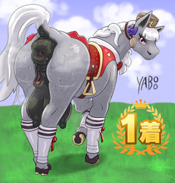 accessory animal_genitalia animal_vulva anus bangs bedroom_eyes big_anus big_teats bodily_fluids bottomwear bow_ribbon butt clitoral_slit clitoral_winking clitoris clothed clothing equine_anus equine_genitalia equine_vulva female feral feralized first_place footwear fur gaping gaping_anus gaping_vagina genitals grass hair hair_accessory hair_bow hair_ribbon hat headgear headwear hooves horseshoe huge_anus hyper hyper_anus looking_at_viewer looking_back mane musk musky_anus narrowed_eyes plant presenting presenting_anus presenting_hindquarters presenting_vulva puffy_anus raised_tail rear_view ribbons saddle seductive skirt sky solo stirrups sweat sweatdrop tail teats thick_clitoris vulva white_body white_fur white_hair white_mane white_tail yaboo cygames uma_musume_pretty_derby gold_ship_(pretty_derby) equid equine horse mammal absurd_res hi_res