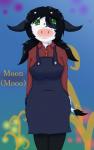 2016 anthro black_hair bovid bovine breasts cattle clothed clothing colored digital_media_(artwork) english_text female front_view fur green_eyes hair holstein_friesian_cattle horn looking_at_viewer mammal multicolored_body multicolored_fur open_mouth pigtails shaded shadry-chan simple_background smile solo standing tail tail_tuft text toony tuft white_body white_fur young
