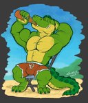 abs anthro beach biceps bottle bulge chair clothed clothing container deltoids drawstring drinking eyes_closed furniture hand_behind_head male manly muscular muscular_arms muscular_legs outside pecs raised_arms red_clothing red_swimwear sitting smile solo swimsuit_only swimwear topless triceps krunchycroc krunch_(krunchycroc) ambient_bird avian bird crocodile crocodilian reptile scalie 2025 hi_res