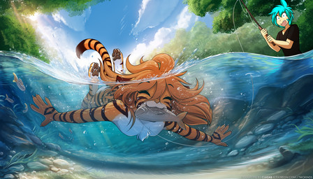 anthro biped black_stripes blue_hair bottomwear breasts brown_hair bubble butt casual_nudity chest_tuft claws clothed clothed/nude clothed_human clothed_male clothing digitigrade diving duo eyes_closed featureless_breasts feet female finger_claws fingers fish_in_mouth fishing_rod fully_clothed fully_clothed_human fully_clothed_male fur hair male markings nude nude_anthro nude_female orange_body orange_fur orange_tail outside pawpads paws smile splash splashing_water striped_body striped_fur striped_markings striped_tail stripes swimming tail tail_markings teeth text toes topwear tuft underwater water conditional_dnp narikusha tom_fischbach nevermind_(nirvana) twokinds flora_(twokinds) trace_legacy felid human keidran mammal pantherine tiger 2026 7:4 absurd_res digital_drawing_(artwork) digital_media_(artwork) hi_res url