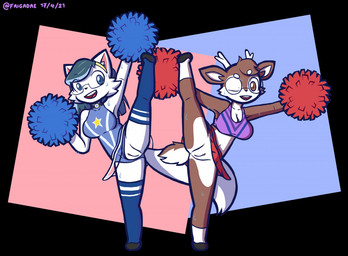 accessory anthro antlers blue_eyes blue_hair bodily_fluids bottomwear bra breasts brown_body brown_eyes brown_fur cheerleader cheerleader_outfit cleavage clothed clothing clothing_aside duo eyewear female female_anthro footwear fur genitals glasses hair headband horn legwear leotard looking_at_viewer medium_breasts navel one_eye_closed one_leg_up open_mouth pom_poms raised_leg shoes simple_background skirt smile socks sweat tail thigh_highs underwear vulva wardrobe_malfunction white_body white_fur frigadae frig_(frigadae) yuki_(frostynoten) deer domestic_cat felid feline felis mammal 2022 digital_media_(artwork)