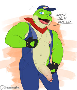4_fingers anthro areola balls baseball_cap biped black_clothing black_gloves black_handwear blue_baseball_cap blue_clothing blue_eyes blue_hat blue_headwear blue_jumpsuit blush blush_lines bodily_fluids bulge clothed clothed_anthro clothed_male clothing countershade_face countershade_torso countershading dialogue fingerless_gloves fingers flying_sweatdrops foreskin genitals glans gloves green_body half-erect handwear hat headgear headwear humanoid_genitalia humanoid_hands humanoid_penis jumpsuit kerchief looking_at_viewer male male_anthro narrowed_eyes navel neckerchief neckwear nipples non-mammal_balls non-mammal_navel non-mammal_nipples open_clothing open_jumpsuit open_mouth open_smile patreon_logo patreon_username penis pink_areola pink_glans pink_nipples pink_penis pink_tongue red_kerchief red_neckerchief simple_background slightly_chubby slightly_chubby_anthro slightly_chubby_male smile smiling_at_viewer solo standing sweat sweatdrop talking_to_viewer text three-quarter_view tongue undressing unretracted_foreskin vein veiny_penis spelunker_sal nintendo patreon star_fox slippy_toad amphibian frog artist_name colored english_text flat_colors handwritten_text hi_res portrait three-quarter_portrait