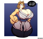 anthro big_breasts black_nose blue_eyes blush breasts brown_hair clothing female fingers hair hand_on_hip huge_breasts mature_anthro mature_female solo text wide_hips superix june_(jinu) canid canine canis domestic_dog mammal shiba_inu spitz 2018 absurd_res english_text hi_res