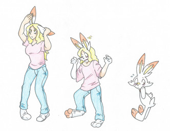 blonde_hair blush clothing female footwear hair human_to_anthro legwear orange_eyes shrinking simple_background size_transformation socks solo species_transformation torn_clothing torn_footwear torn_legwear torn_socks transformation white_background white_body yellow_eyes rainbowraven nintendo pokemon generation_8_pokemon human mammal pokemon_(species) scorbunny hi_res traditional_media_(artwork)