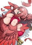 animal_humanoid areola avian avian_humanoid big_breasts bodily_fluids breasts butt cloaca_juice clothing egg european_mythology feathered_wings feathers female genital_fluids greek_mythology green_eyes hair harpy harpy_humanoid hi_res holding_object humanoid humanoid_pointy_ears jun_(rojiura_jack) kemonokko_tsuushin_ushi_musume_bell looking_at_viewer looking_up meme meme_clothing mythological_avian mythological_creature mythology nipples official_art red_body red_feathers red_hair simple_background smile solo sweater tail topwear virgin_killer_sweater white_background wings