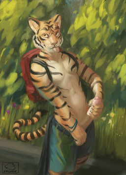 5_fingers abs anthro athletic athletic_anthro athletic_male backpack big_penis biped black_body black_fur black_stripes bottomwear bottomwear_pull claws clothed clothing clothing_pull detailed_background erection fingers flashing foreskin fur genitals glans grass humanoid_genitalia humanoid_penis male masturbation navel nipples no_underwear orange_body orange_fur outside pants pants_pull partially_clothed partially_retracted_foreskin pecs penile penile_masturbation penis pink_glans plant shorts smile solo standing striped_body striped_fur stripes tongue tongue_out topless tree vein white_body white_fur wristband chunie felid mammal pantherine tiger 2016 adobe_photoshop_(artwork) digital_media_(artwork) digital_painting_(artwork) hi_res painting_(artwork)