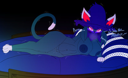 abs anthro anthrofied areola arm_support bed bedding big_breasts bodily_fluids breasts breath covered_mouth dipstick_ears dipstick_tail ear_markings ellipsis emanata eyebrows female female_anthro furniture genital_fluids genitals gloves_(marking) glowing glowing_eyes honorific leg_markings looking_at_viewer lying markings multicolored_ears navel nipple_dip nipples on_side onomatopoeia palmorph pink_eyes pseudo_clothing purring raised_inner_eyebrows requesting shaking socks_(marking) solo sound_effects stuttering tail tail_markings talking_to_viewer text tilde_after_text trembling vaginal_fluids vulva mythicalshork palworld pocketpair felid katress mammal pal_(species) colored digital_media_(artwork) english_text hi_res