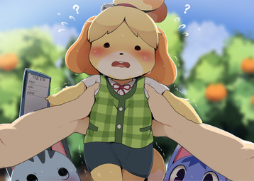 ambiguous_gender anthro biped blue_body blue_fur blush bodily_fluids bottomwear clothed clothing detailed_background female fingers fur grey_body grey_fur group light_body light_skin looking_up purple_eyes question_mark sweat tail text topwear yellow_body yellow_fur yellow_tail dagasi animal_crossing nintendo isabelle_(animal_crossing) lolly_(animal_crossing) rosie_(animal_crossing) canid canine canis domestic_dog mammal 2025 hi_res japanese_text translation_request
