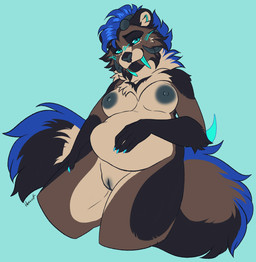 5_fingers anthro belly black_eyebrows blue_hair breasts brown_body brown_fur claws curvy_figure eyebrows facial_piercing female fingers fupa fur genitals grey_horn grey_nipples grey_nose grey_pawpads grey_vulva hair horn multicolored_body multicolored_fur neck_tuft nipples nose_piercing nose_ring nude overweight overweight_anthro overweight_female pawpads piercing pose ring_piercing simple_background solo tail teal_background teal_claws teal_eyes teal_teeth teeth thick_thighs tuft voluptuous vulva wide_hips hoccult xenoslayer felid mammal prehistoric_species saber-toothed_tiger smilodon hi_res pinup