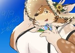 anthro blush brown_body brown_fur clothing flower fur hat headgear headwear horn looking_at_viewer male markings moobs plant smile solo spots spotted_body spotted_fur straw_hat sunflower kurotez tamacolle kazusa deer mammal