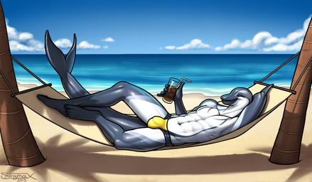 abs anthro athletic athletic_anthro athletic_male beach beverage bulge clothed clothing countershading detailed_background detailed_bulge eyes_closed feet genital_outline glistening hammock humanoid_feet jockstrap lounging lying male navel palm_tree penis_outline plant plantigrade seaside smile solo topless tree underwear sigma_x aurelius aquatic cetacean dolphin mammal oceanic_dolphin striped_dolphin toothed_whale 2015