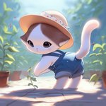 ambiguous_gender anthro bent_over blush chibi clothing garden hat headgear headwear overalls paws plant plant_pot raised_tail realistic_lighting realistic_shading shortalls solo standing tail whiskers inkune domestic_cat felid feline felis mammal 1:1 absurd_res hi_res