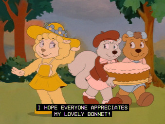 anthro blonde_hair blue_bottomwear blue_clothing blue_eyes blue_shorts bottomwear brown_body brown_eyes brown_fur brown_hair cake closed_smile clothed clothing cloudco dessert female food fur grey_body grey_fur group hair hat headgear headwear holding_cake holding_food holding_object mouth_closed open_mouth open_smile outside pink_bottomwear pink_clothing pink_skirt pink_topwear plant red_clothing red_hat red_headwear red_topwear short_hair shorts shrub skirt sky smile standing text topwear tree trio white_hair wool_(fur) yellow_body yellow_bottomwear yellow_clothing yellow_fur yellow_hat yellow_headwear yellow_skirt yellow_wool young young_anthro young_female bucklebunny the_get_along_gang bernice_bear lolly_squirrel woolma_lamb bear bovid caprine mammal rodent sciurid sheep tree_squirrel english_text