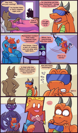animal_genitalia animal_penis annoyed anthro balls bed bodily_fluids butt detailed_background dialogue duo embarrassed erection flying_sweatdrops furniture genitals hands_on_hips hands_on_own_hips horn humanoid_genitalia humanoid_penis humor hybrid_genitalia hybrid_penis licking male male/male male_penetrated male_penetrating male_penetrating_male nude on_bed open_mouth oral penetration penile penis penis_lick pun sex sheath sheathed_humanoid_penis simple_background speech_bubble standing stare sweat sweatdrop tail tenting text tongue tongue_out under_covers virtual_reality what conditional_dnp grumpyvulpix european_mythology mythology nameless_character dragon mammal mythological_creature mythological_scalie rodent scalie sciurid tree_squirrel western_dragon wingless_dragon aliasing comic digital_media_(artwork) english_text hi_res