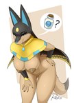 absurd_res anthro anthrofied anubis_(pal) areola bent_over bent_over_with_legs_held_straight big_breasts blue_eyes breasts brown_body brown_fur canid canine claws darkened_nipples female fur genitals hanging_breasts hi_res looking_at_viewer mammal milk narrowed_eyes nipples nude_anthro nude_female pal_(species) palworld pocketpair pussy raxel simple_background smile solo standing tail tan_areola tan_nipples