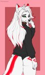 anthro belt_collar breasts butt clothed clothing collar female female_anthro fur hair heterochromia hoodie long_hair looking_at_viewer looking_back looking_back_at_viewer solo topwear underwear white_body white_fur furasaur rilea canid canine fox mammal 3:5 hi_res