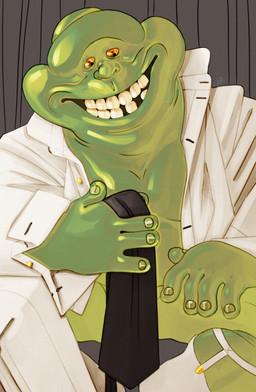 accessory bottomless bottomless_male clothed clothing footwear green_body green_skin male necktie not_furry shirt sitting slightly_chubby slightly_chubby_male smile socks solo topwear white_clothing white_shirt white_topwear yellow_eyes ravuer ghostbusters slimer ghost humanoid spirit absurd_res hi_res