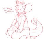 anthro bent_legs beverage big_ears blep blush coffee coffee_cup container cup dialogue erection extended_arms eyebrows fur genitals hands_on_legs hands_on_own_legs hands_on_own_thighs hands_on_thighs head_tuft holding_both_legs holding_both_thighs holding_object holding_object_with_tail looking_at_viewer male neck_tuft one_eye_closed penis prehensile_tail simple_background sitting smile solo striped_genitalia striped_penis stripes tail tail_holding_object talking_to_viewer text tongue tongue_out tuft wariza white_background wink redishdragie espro chuki english_text monochrome sketch