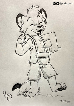 anthro bottomwear clothed clothing drum drumstick_(musical) eyes_closed fangs front_view happy logo male male_anthro musical_instrument open_clothing open_mouth open_smile open_topwear pants pawpads percussion_instrument smile solo tail tail_tuft teeth topwear tuft young young_anthro young_male pandapaco felid lion mammal pantherine 2021 artist_logo dated hi_res monochrome signature
