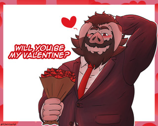 anthro belly big_belly blush clothed clothing fur hair heart_symbol holidays looking_at_viewer male muscular muscular_anthro muscular_male overweight overweight_anthro overweight_male simple_background smile solo suit_jacket text tonydapig valentine's_day domestic_pig mammal suid suine sus_(pig) wild_boar 5:4 digital_media_(artwork) english_text hi_res