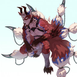 anthro balls barely_visible_balls barely_visible_genitalia beard black_harness blue_eyes blue_markings brown_beard brown_claws brown_facial_hair claws clothed clothing crouching eyebrows facial_hair fangs footwear fur genitals gloves_(marking) gradient_background hair harness heterochromia jockstrap male male_anthro markings mouth_closed muscular muscular_anthro muscular_male orange_eyes red_body red_fur short_hair simple_background socks solo teeth topless underwear white_background white_balls white_body white_clothing white_eyebrows white_footwear white_fur white_hair white_jockstrap white_socks white_underwear dust_yang canid canine mammal 1:1 hi_res