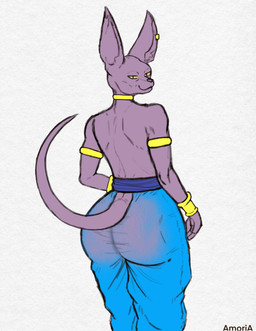 anthro armor big_butt big_ears blue_bottomwear blue_clothing blue_pants bottomwear bracers butt choker clothing ear_piercing ear_ring jewelry male necklace oversized_clothing pants piercing presenting presenting_hindquarters purple_body purple_nose rear_view ring_piercing solo stretched_clothing tail yellow_eyes amoriashop dragon_ball dragon_ball_super beerus absurd_res hi_res signature