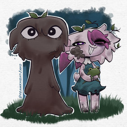 ambiguous_feral ambiguous_gender anthro black_eyes black_nose blue_clothing blue_dress clothed clothed_female clothing dipstick_ears dirty dirty_clothing dress ear_markings ears_down eye_through_hair eyelashes female female_anthro feral forest fur grass grey_pupils grey_sclera group hair holding_another larger_anthro larger_female leaf leaf_on_head light mud_covered multicolored_ears multicolored_hair outline outside pink_body pink_fur pink_hair pink_tail pivoted_ears plant pupils purple_ear_tips purple_eyes purple_hair scut_tail short_tail size_difference smaller_ambiguous smaller_anthro smaller_feral standing tail text toothy_grin torn_clothing torn_dress translucent translucent_hair tree trio two_tone_hair white_outline young young_anthro young_female dreamknightjang elizabeth_(dreamknightjang) zoe_harmony amphibian canid canine canis domestic_dog frog lagomorph leporid mammal rabbit 2025 absurd_res artist_name colored digital_drawing_(artwork) digital_media_(artwork) english_description hi_res lighting shaded