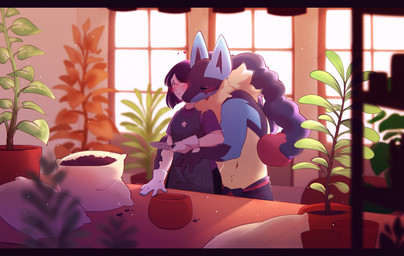 5_fingers anthro armwear black_hair blush clothed clothed_female clothed_human clothing duo female female_human fingers hair holding_object hug hugging_another hugging_from_behind inside male male/female male_anthro plant plant_pot size_difference smaller_female smaller_human snout shiones nintendo pokemon generation_6_pokemon human mammal mega_evolution mega_lucario pokemon_(species) 2024 colored digital_drawing_(artwork) digital_media_(artwork) hi_res letterbox shaded