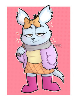 4_fingers anthro arms_bent baseball_bat bat_(object) black_nose blue_body blue_eyebrows blue_fur blue_tail blush boots bottomwear breasts cheek_tuft clothed clothing coat dotted_background eyebrows eyelashes facial_tuft female female_anthro fingers footwear fur grey_scarf half-closed_eyes hand_in_pocket head_bow holding_baseball_bat holding_object light narrowed_eyes open_clothing open_coat open_topwear orange_bottomwear orange_bow orange_clothing orange_eyes orange_skirt outline pattern_background pattern_bottomwear pattern_clothing pattern_skirt pink_background pink_boots pink_clothing pink_footwear pockets purple_clothing purple_coat purple_topwear scarf shirt shoes simple_background skirt smile smiling_at_viewer solo standing tail text topwear tuft whiskers white_outline yellow_clothing yellow_shirt yellow_topwear ractoons aggretsuko sanrio manaka_(aggretsuko) chinchilla chinchillid mammal rodent 2020 artist_name colored digital_drawing_(artwork) digital_media_(artwork) english_description full-length_portrait hi_res lighting portrait shaded