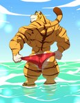 anthro back_muscles brown_stripes butt clothed clothing deltoids eyewear eyewear_on_head fangs forearm_muscles fur gloves_(marking) green_eyes legs_in_water looking_at_viewer looking_back looking_back_at_viewer male markings muscular muscular_anthro muscular_butt muscular_male muscular_thighs outside partially_submerged rear_view red_clothing red_speedo red_swimwear sabertooth_(anatomy) sky solo speedo speedo_only standing_in_water striped_body striped_fur stripes sunglasses sunglasses_on_head swimwear teeth topless triceps water yellow_body yellow_fur kartos caleb_(floofninja) felid mammal prehistoric_species saber-toothed_tiger 2018 hi_res