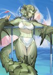 absurd_res anthro beverage bikini breasts capcom claws clothed clothing dragon european_mythology female fingers flying_wyvern front_view green_body green_hair green_scales hair hi_res looking_at_viewer miao_jiangyou monster_hunter mythological_creature mythological_scalie mythology outside rath_wyvern rathian scales scalie seaside sky solo standing swimwear tail western_dragon winged_arms wings wyvern