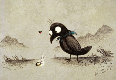 3_toes ambiguous_gender beak big_eyes biped black_body black_eyes black_feathers black_wings blue_clothing blue_kerchief blue_neckerchief clothed clothed_feral clothing dot_eyes feathered_wings feathers feet feral glistening gold_ring grass heart_symbol kerchief looking_at_object mostly_nude mountain neckerchief neckwear outside plant ring simple_eyes sky solo standing toes wide_eyed wings year culpeofox blinky avian bird corvid corvus_(genus) crow oscine passerine 2010 colored_pencil_(artwork) signature traditional_media_(artwork)