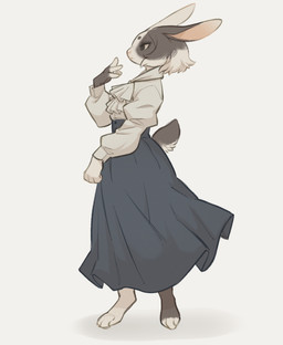 anthro barefoot black_sclera blue_clothing bottomwear brown_body brown_fur circle_eyebrows clothing ears_back eyebrows feet female fur long_skirt long_sleeves multicolored_body multicolored_fur pivoted_ears profile rabbit_ears scut_tail shirt short_tail skirt solo standing tail topwear white_body white_clothing white_fur white_shirt white_topwear tateoftot lagomorph leporid mammal rabbit hi_res