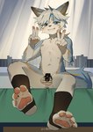 anthro black_chastity_cage blue_eyes censor_bar chastity_cage chastity_device clothing curtains footwear front_view gesture grin hair hand_gesture happy kemono low-angle_view male navel nude pawpads sitting slim smile socks solid_chastity_cage solo stirrup_socks v_sign toye2004 canid canine canis mammal wolf censored hi_res watermark