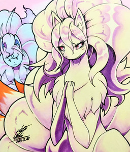 ambiguous_gender blonde_hair blue_body blue_fur blue_hair blush blush_lines duo eyelashes feral fur hair inner_ear_fluff looking_at_viewer multi_tail paws red_eyes simple_background sitting tail tuft yellow_body yellow_fur 025aki nintendo pokemon alolan_form alolan_ninetales canid canine generation_1_pokemon generation_7_pokemon mammal ninetales pokemon_(species) regional_form_(pokemon) 2025 absurd_res dated hi_res signature