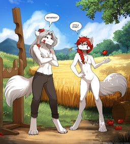 4_toes 5_fingers annoyed anthro biped bottomwear breasts casual_nudity chest_tuft claws clothed clothed/nude clothed_anthro clothed_male clothing cloud crossed_arms day dialogue duo eye_contact featureless_breasts featureless_crotch feet female finger_claws fingers food front_view fruit fur green_eyes grey_hair hair hand_on_hip hand_on_own_hip hay inner_ear_fluff looking_at_another male navel nude nude_anthro nude_female nude_male outside pants pants_only partially_clothed partially_clothed_anthro partially_clothed_male plant public public_nudity red_hair restraints sky small_breasts smile smirk social_nudity stocks tail text throwing_fruit throwing_object toe_claws toes tomato topless topless_anthro topless_male tuft wheat wheat_in_mouth white_body white_fur white_tail conditional_dnp tom_fischbach twokinds euchre roselyn_(twokinds) canid canine canis keidran mammal wolf 2025 absurd_res adobe_photoshop_(artwork) digital_drawing_(artwork) digital_media_(artwork) english_text hi_res url cousins_(lore)