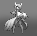 2019 areola big_areola big_breasts breasts digital_media_(artwork) elfdrago eyelashes female gardevoir generation_3_pokemon genitals gradient_background greyscale guide_lines hair hair_over_eye hi_res huge_areola huge_breasts humanoid monochrome nintendo nipples one_eye_obstructed pokemon pokemon_(species) pussy simple_background sketch solo