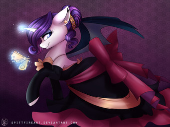 armwear blue_eyes clothing cosplay dress ear_piercing elbow_gloves female feral fur gloves glowing gun hair handwear horn levitation looking_at_viewer magic membrane_(anatomy) membranous_wings pattern_background piercing purple_hair ranged_weapon simple_background smile solo text weapon white_body white_fur wings night_creep disgaea friendship_is_magic hasbro my_little_pony mythology nippon_ichi_software rarity_(mlp) rozalin equid equine mammal mythological_creature mythological_equine unicorn 2013 4:3 crossover english_text hi_res