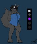 anthro big_breasts black_body black_fur black_sclera blue_towel breasts cheek_tuft chest_tuft claws color_swatch facial_tuft female fluffy fluffy_tail fur grey_body grey_fur hair neck_tuft purple_eyes simple_background solo tail thick_thighs towel tuft maliborg alex_hvorostovsky canid canine canis mammal wolf absurd_res digital_media_(artwork) hi_res