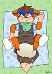 anthro bodily_fluids clothing diaper diaper_change embarrassed genital_fluids legs_up male overalls raised_leg solo unclean_diaper urine used_diaper wet_diaper young artistakita canid canine canis mammal wolf