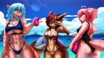 5_fingers anthro backless_clothing backless_swimsuit bikini blue_hair breasts brown_body brown_fur brown_hair clothed clothing cloud day detailed_background eyebrows eyelashes female fin fingers fur green_eyes group hair midriff navel non-mammal_breasts one-piece_swimsuit open_mouth outside pink_hair sky smile swimwear teeth tongue two-piece_swimsuit xaenyth shrimp_(uk_brony) felid feline fish mammal marine shark 16:9 2020 4k absurd_res digital_media_(artwork) hi_res widescreen